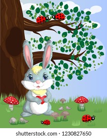 Bunny with a heart in a forest glade. Spring, love, postcard