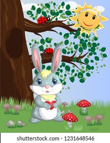 Bunny with a heart in a forest glade. Spring, love, postcard