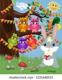 Bunny with a heart in a forest glade. Spring, love, postcard