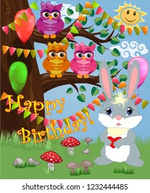 Bunny with a heart in a forest glade. Spring, love, postcard