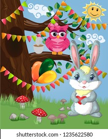 Bunny with a heart in a forest glade. Spring, love, postcard