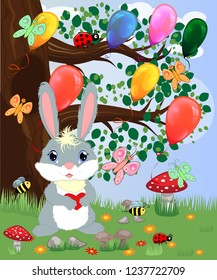Bunny with a heart in a forest glade. Spring, love, postcard