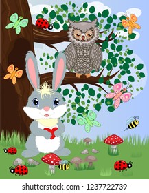 Bunny with a heart in a forest glade. Spring, love, postcard
