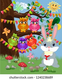 Bunny with a heart in a forest glade. Spring, love, postcard