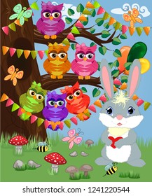 Bunny with a heart in a forest glade. Spring, love, postcard