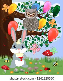 Bunny with a heart in a forest glade. Spring, love, postcard