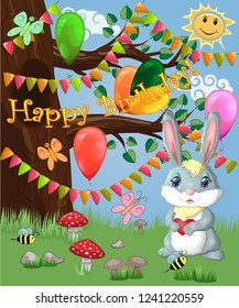 Bunny with a heart in a forest glade. Spring, love, postcard