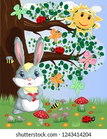 Bunny with a heart in a forest glade. Spring, love, postcard