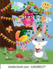 Bunny with a heart in a forest glade. Spring, love, postcard