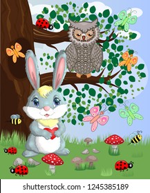 Bunny with a heart in a forest glade. Spring, love, postcard