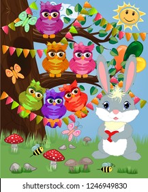 Bunny with a heart in a forest glade. Spring, love, postcard