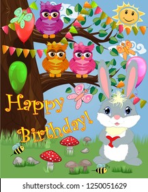 Bunny with a heart in a forest glade. Spring, love, postcard