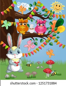 Bunny with a heart in a forest glade. Spring, love, postcard