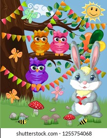 Bunny with a heart in a forest glade. Spring, love, postcard