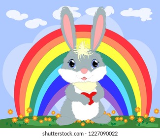 Bunny with a heart in a meadow near the rainbow. Spring, love, postcard