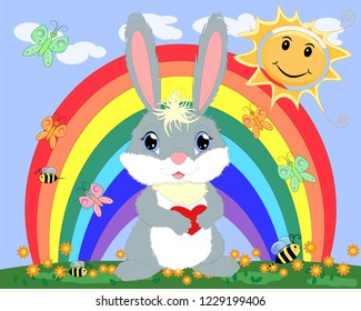 Bunny with a heart in a meadow near the rainbow. Spring, love, postcard