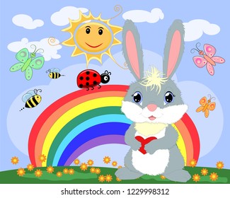 Bunny with a heart in a meadow near the rainbow. Spring, love, postcard