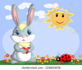 Bunny with a heart in a meadow near the rainbow. Spring, love, postcard