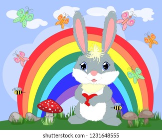 Bunny with a heart in a meadow near the rainbow. Spring, love, postcard