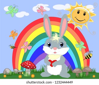 Bunny with a heart in a meadow near the rainbow. Spring, love, postcard