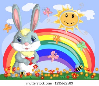 Bunny with a heart in a meadow near the rainbow. Spring, love, postcard
