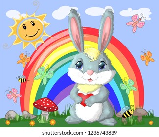Bunny with a heart in a meadow near the rainbow. Spring, love, postcard