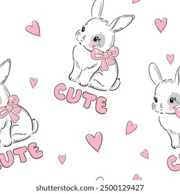 Bunny and heart Pattern Hand Drawn, print design rabbit background, children print textile design
