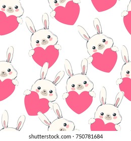 Bunny with heart pattern, seamless background 