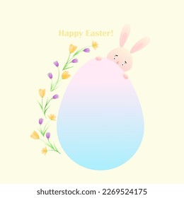 A bunny hides behind an Easter gradient egg. Spring flowers, crocuses. Happy easter lettering. Vector illustration