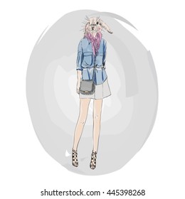 Bunny hipster girl, fashion animal illustration