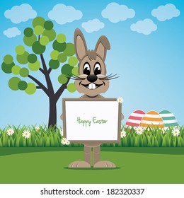bunny hold sign on spring lawn happy easter