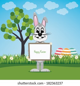 bunny hold sign on spring lawn happy easter