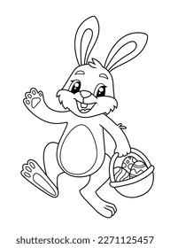 Conejo sosteniendo una cesta con huevos de Pascua. Ilustración vectorial en blanco y negro para libro de colorantes