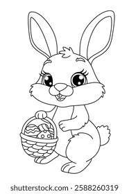 Bunny holding basket with Easter eggs. Black and white vector illustration for coloring book