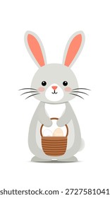 A bunny holding a basket  with Easter eggs in its paws. Minimalism. Simple style. Children's illustration design. Vector. Isolated on a plain background.