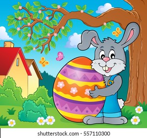 Bunny holding big Easter egg theme 3 - eps10 vector illustration.