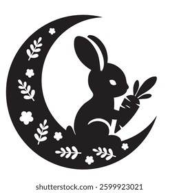  Bunny Holding a Carrot on Crescent Moon with Flowers