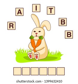 Bunny holding carrot.Hare cartoon character.Game words puzzle rabbit.Education developing child.Riddle for preschool.Flat illustration  vector.