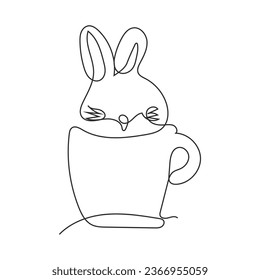 A bunny holding a coffee cup cartoon one line art design