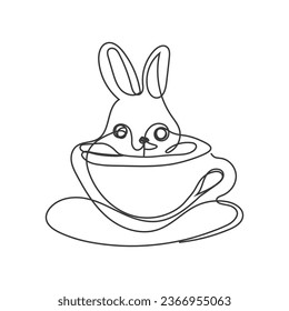 A bunny holding a coffee cup cartoon one line art design