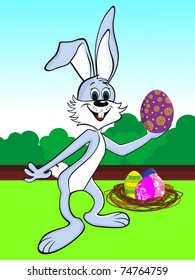 bunny holding decorated egg, vector wallpaper