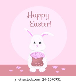 Bunny holding Easter cake. Happy Easter. Vector illustration