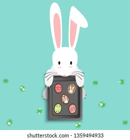 Bunny holding Easter cookies in tray, Easter day celebration background, vector illustration