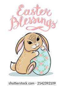 Bunny holding easter egg with floral ornament.Happy easter greeting card.Pastel colors rabbit vector illustration isolated on white backgroud. 
Suitable for nursery adn post card design.