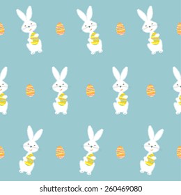 Bunny holding Easter egg. Happy Easter seamless background pattern. Vector illustration