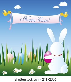 Bunny holding Easter egg looking for more