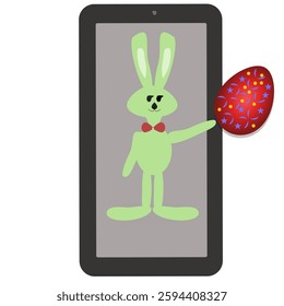 A bunny holding an Easter egg in a smartphone.