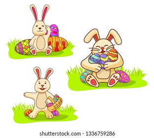 Bunny holding easter eggs.Festive holiday banner flat vector.The rabbit holds in hand a basket.