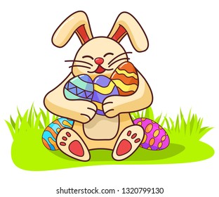 Bunny holding easter eggs.Happy rabbit .Isolated on white background.Hare cartoon character.Festive holiday banner flat vector.