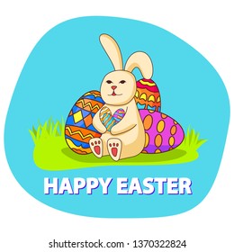 Bunny holding easter painted eggs.Happy rabbit .Hare cartoon character.Festive holiday banner flat vector.Festive banner.